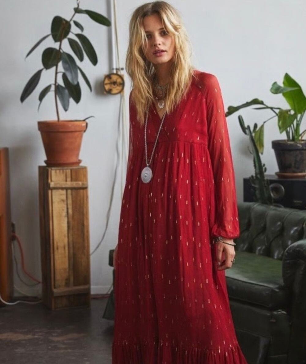 Sezane Celeste Maxi Dress Long Sleeve Red Sheer Bohemian Boho 36 Size 4